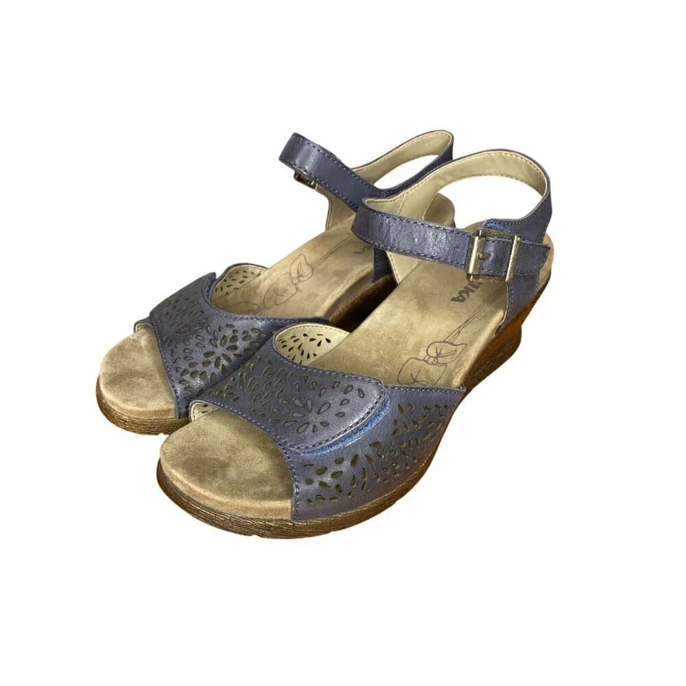 Romika Nevis 05 Blue Leather Wedge Sandals Size 37/6 Comfort Adjustable Strap